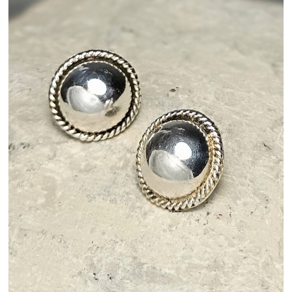 Vintage Silver Dome Rope Edge Earrings Mexico